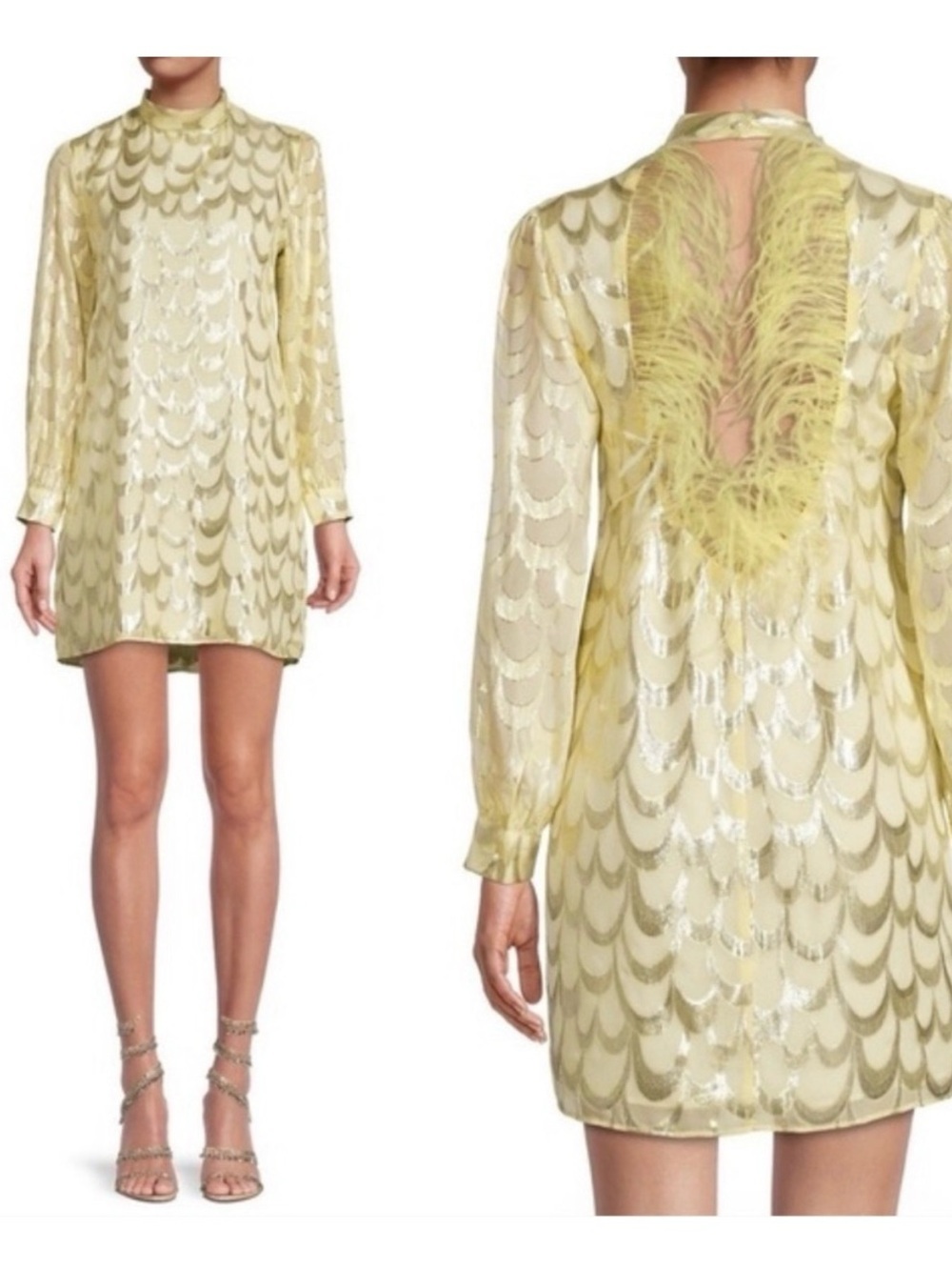 NWT DELFI COLLECTIVE michelle dress in yellow GOLD metallic FEATHERS XS retro